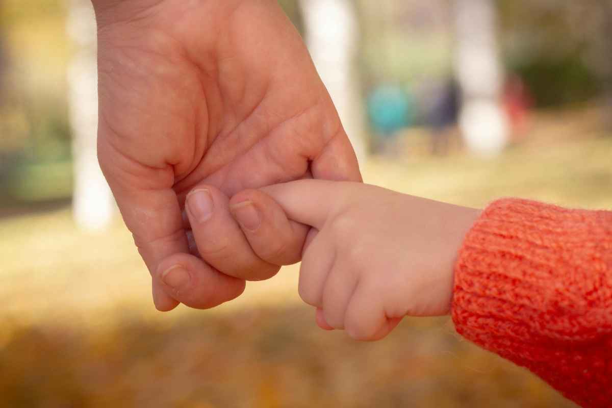 Bambino che tiene la mano a un adulto