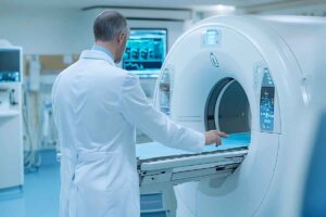 Medico in ospedale davanti a un macchinario per risonanze magnetiche