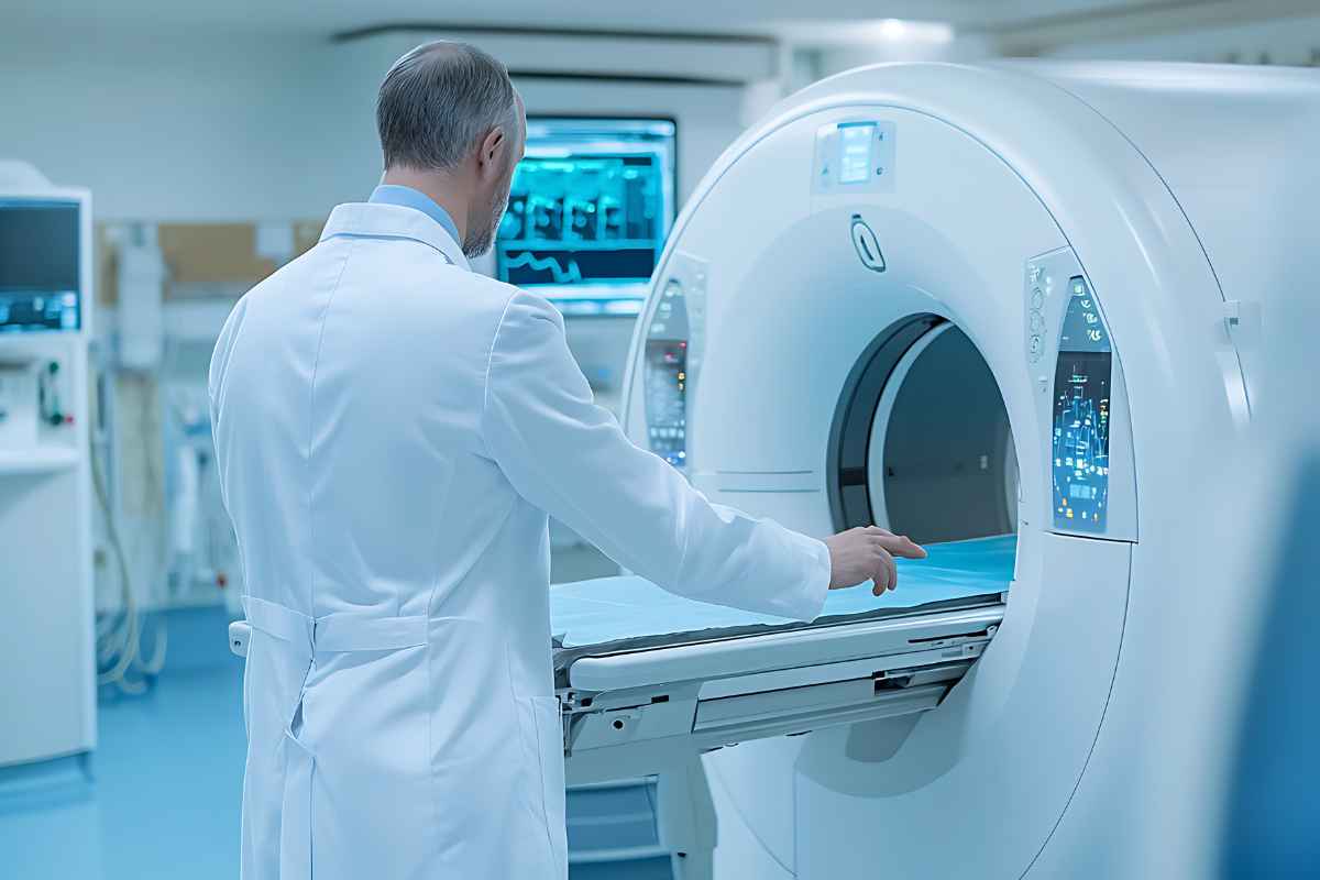 Medico in ospedale davanti a un macchinario per risonanze magnetiche