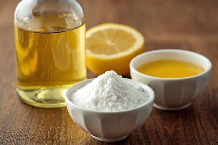 Bottiglia d'olio, mezzo limone, e ciotole piene di bicarbonato e succo di limone