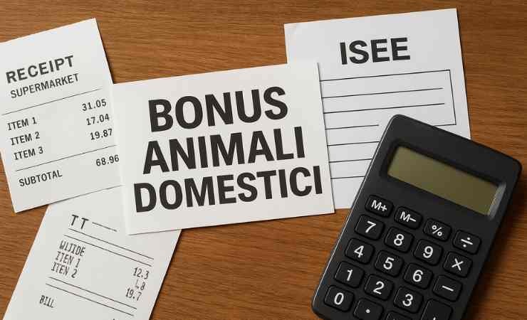 Calcolatrice, modulo Isee fatture e scritta "Bonus animali domestici"
