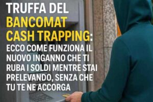 Uomo davanti a un bancomat, simbolo della truffa del bancomat cash trapping che ruba i soldi