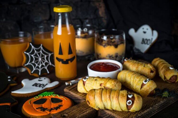 Succo in bottiglia mostro, rustici mummia, zucca, ragnatela, fantasmi 