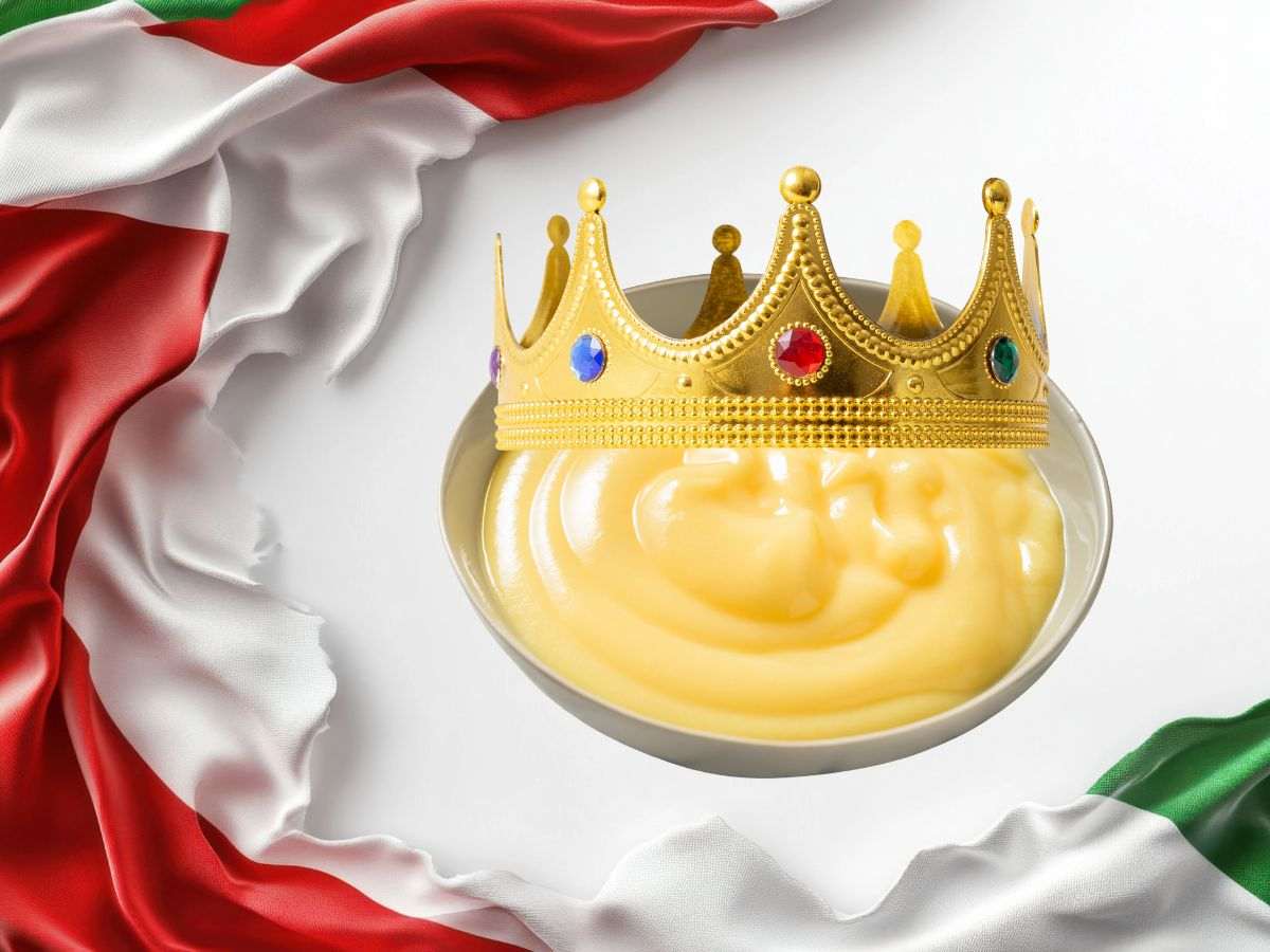 sfondo bandiera italiana accartocciata e ciotola con crema pasticcera e corona da regina