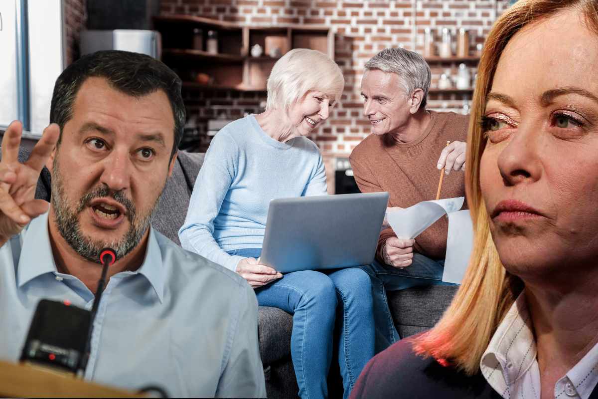 la premier meloni e il ministro salvini e sullo sfondo due pensionati sorridenti