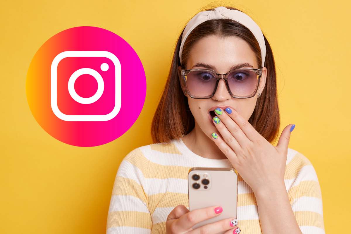 donna sorpresa con telefono logo instagram