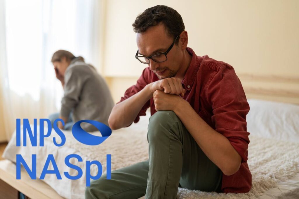 uomo e donna preoccupati e scritta inps naspi