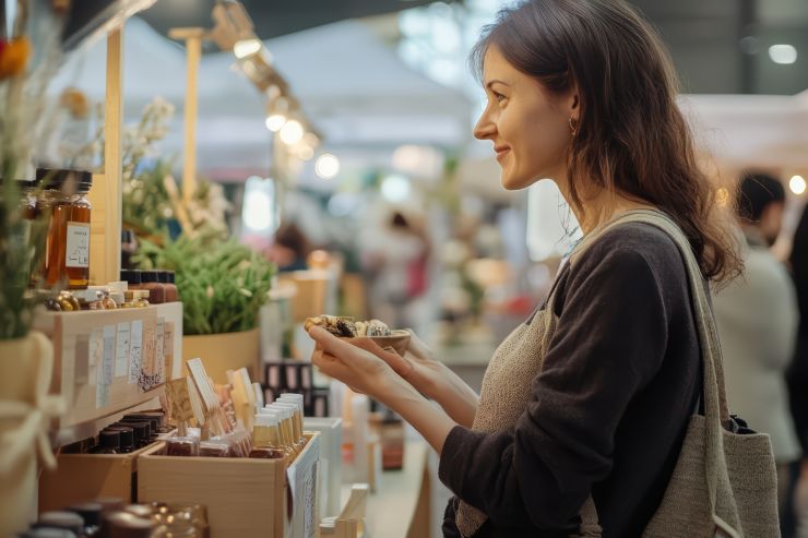donna sorridente davanti a banco mercato